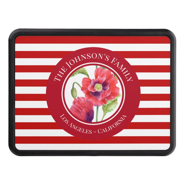 Vivid Red Poppies Floral Circle White Stripes Trailer Hitch Cover (Front)