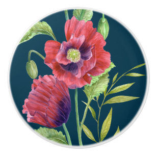 Vivid Red Poppies Floral Watercolor Dark Turquoise Ceramic Knob