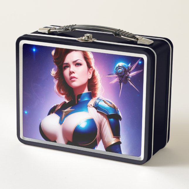 Vivid Retro 50's Female Sci Fi Space Ranger Metal Lunch Box (Front)