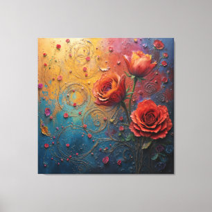 Vivid roses bloom against a colourful abstract bac canvas print