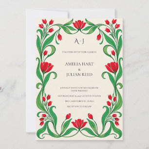 Vivid Scarlet & Emerald Art Nouveau Wedding Invitation