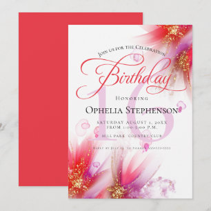 Vivid Scarlet Lilac  Abstract Floral Birthday Invitation