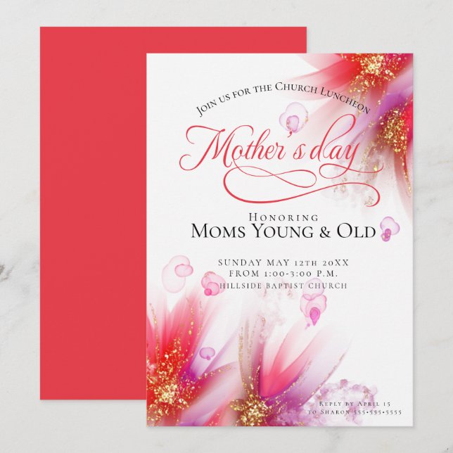 Vivid Scarlet Lilac Abstract Floral Mother's Day  Invitation (Front/Back)
