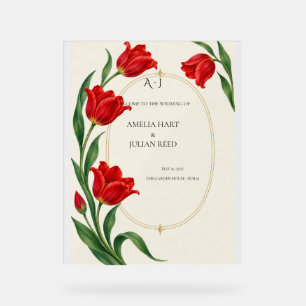 Vivid Scarlet Tulip Botanical Wedding Welcome Acrylic Sign