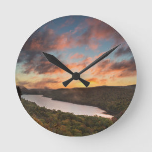 Vivid Sunrise Over Lake Of The Clouds In Autumn Round Clock