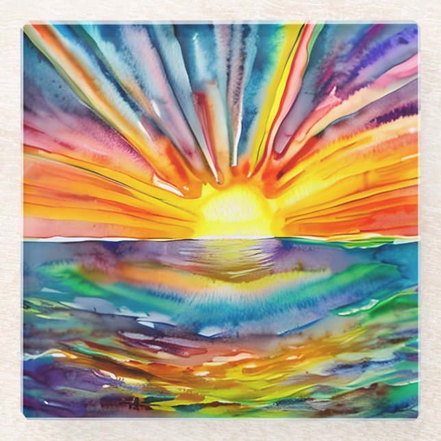 Vivid Sunset over the Water Reflection AI Art Glass Coaster (Front)