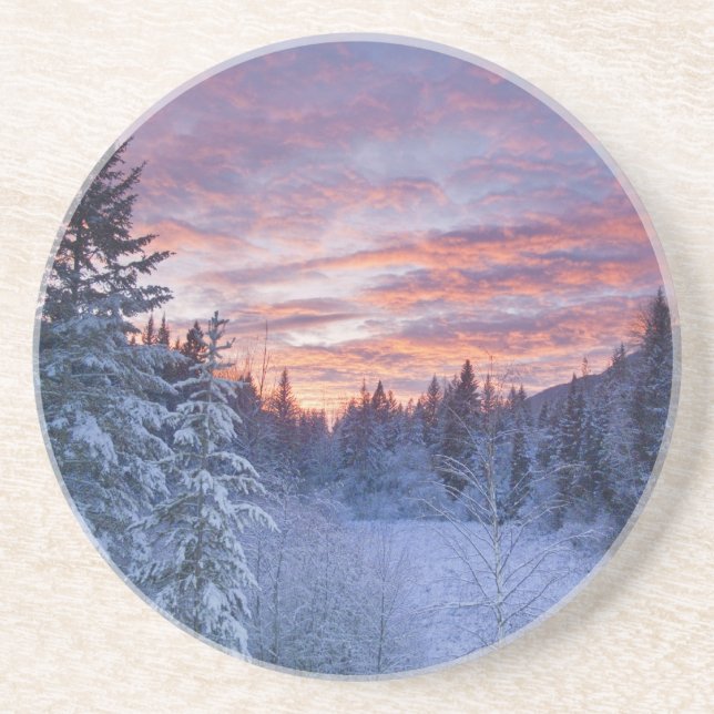 Vivid sunset paints the sky above wintery coaster (Front)