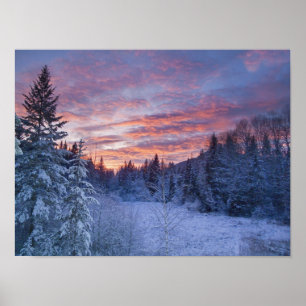 Vivid sunset paints the sky above wintery poster