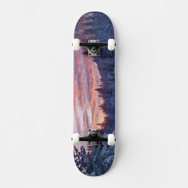 Vivid sunset paints the sky above wintery skateboard (Front)