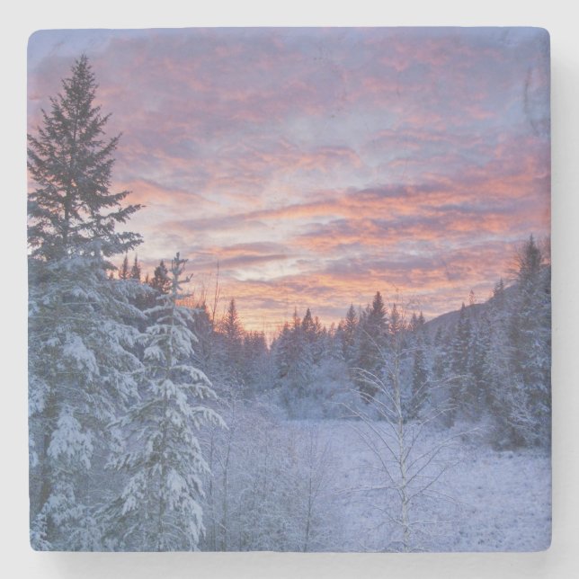 Vivid sunset paints the sky above wintery stone coaster (Front)
