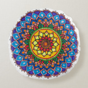 Vivid Symmetry: Artistic Mandala Round Pillow
