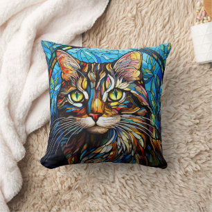 Vivid Tabby Cat Stained Glass Style Throw Pillow