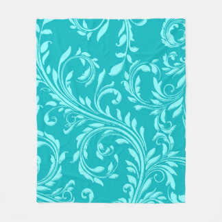 Vivid teal aqua floral swirl damask fleece blanket