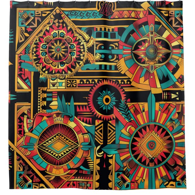 Vivid Teal "Aztec Dream" Chic Bathroom Shower Curt (Front)
