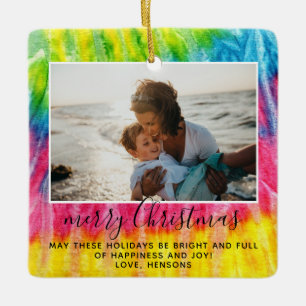Vivid Tie Dye Merry Christmas Script Family Photo  Ceramic Ornament