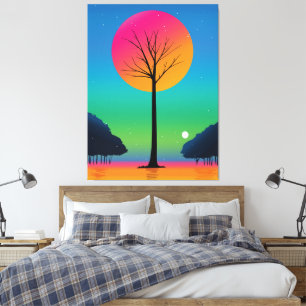 Vivid Tree Beneath a Cosmic Rainbow Sky Canvas Print