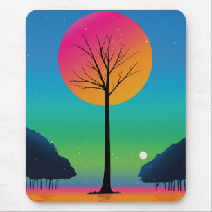 Vivid Tree Beneath a Cosmic Rainbow Sky Mouse Pad