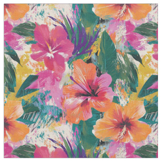 Vivid Tropical Hibiscus Abstract Fabric