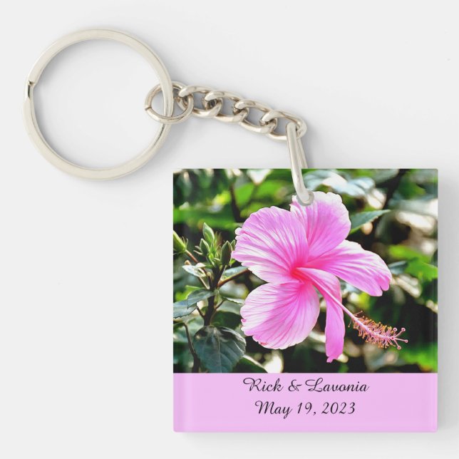 Vivid Tropical Pink Hibiscus Personalized Keychain (Front)