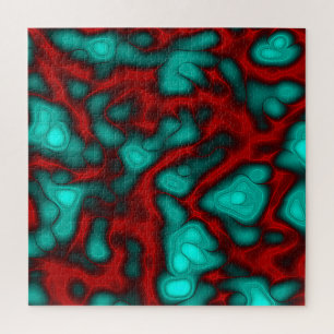 Vivid Turquoise and Coral Red Abstract Art Jigsaw Puzzle