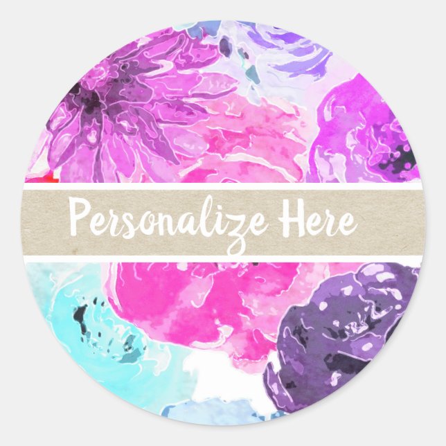 Vivid Violet Bold Floral Flowers Purple Chic Favou Classic Round Sticker (Front)