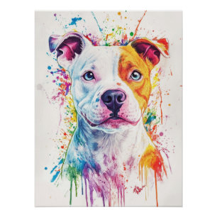 Vivid Watercolor Pitbull Mix Portrait   Colorful Poster