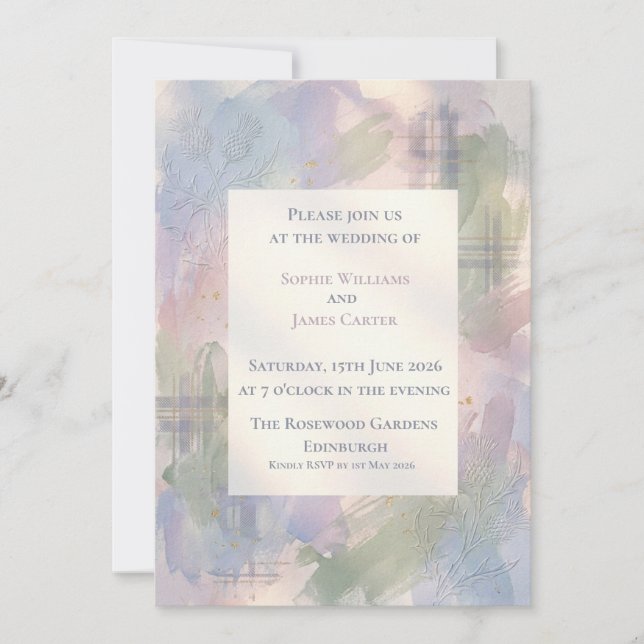 Vivid Watercolour Thistle Tartan Wedding Invitatio Invitation (Front)
