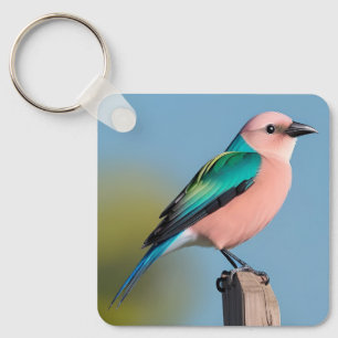 Vividly Coloured Bird Perched on a Wooden Post Keychain