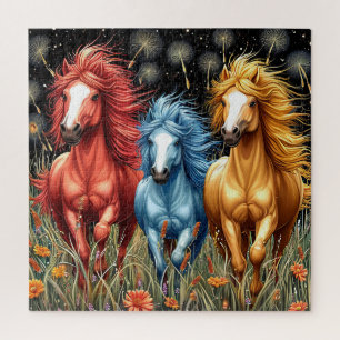 Vividly Coloured Horses Galloping Through A Field Jigsaw Puzzle