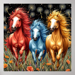 Vividly Coloured Horses Galloping Through A Field Poster