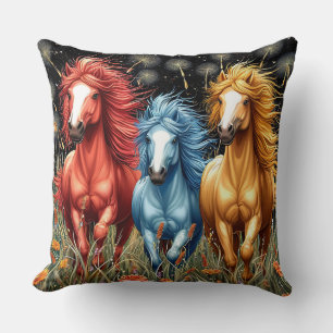 Vividly Coloured Horses Galloping Through A Field Throw Pillow