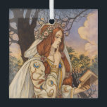 Vivien – Art Nouveau Enchantress Illustration Glass Ornament<br><div class="desc">Inspired by Arthurian legend, this Art Nouveau–style illustration depicts Vivien (Nimue), the enigmatic enchantress known for her beauty, intelligence, and magical cunning. Holding a book of spells and framed by stylized woodland forms, Vivien embodies the mysterious and seductive power of mythic storytelling. This richly detailed vintage-inspired artwork features flowing drapery,...</div>