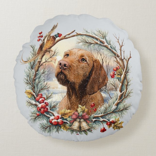 Vizsla Christmas  Round Pillow (Front)
