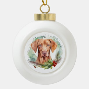 Vizsla Christmas Wreath Festive Pup  Ceramic Ball Christmas Ornament