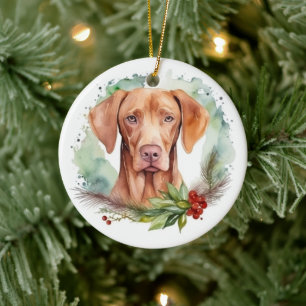 Vizsla Christmas Wreath Festive Pup  Ceramic Ornament
