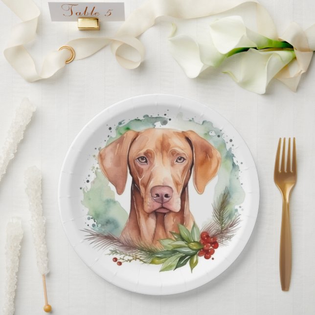 Vizsla Christmas Wreath Festive Pup  Paper Plate (Wedding)