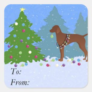 Vizsla Decorating a Christmas Tree in the Forest Square Sticker