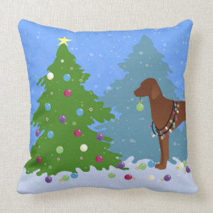 Vizsla Decorating a Christmas Tree in the Forest Throw Pillow