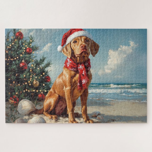 Vizsla Dog Christmas Vintage Beach Jigsaw Puzzle (Horizontal)