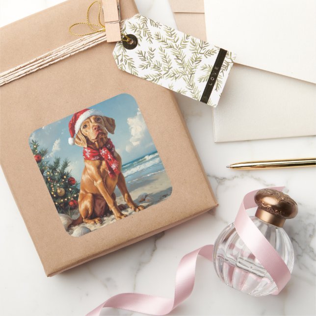 Vizsla Dog Christmas Vintage Beach Square Sticker (Gifting)