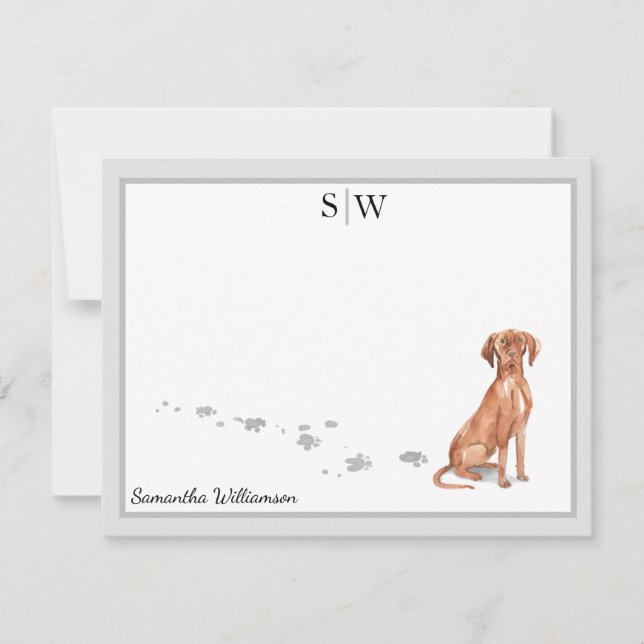 Vizsla Dog Grey Border Monogram Personalized Card (Front)