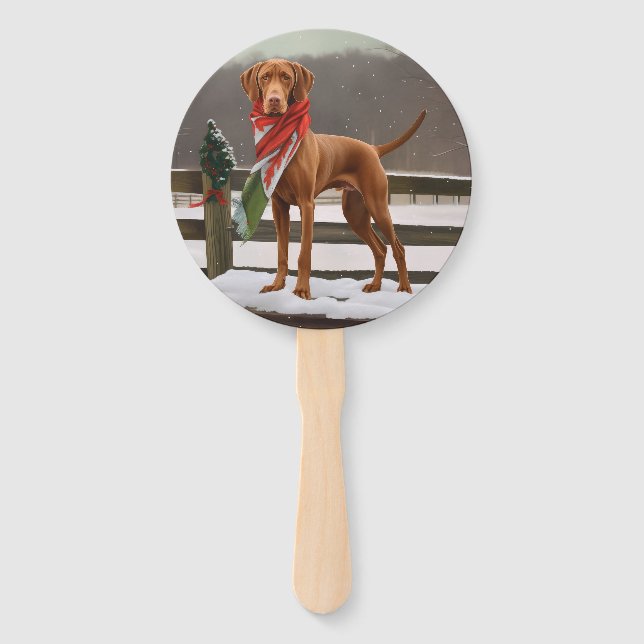 Vizsla Dog in Snow Christmas Hand Fan (Front)
