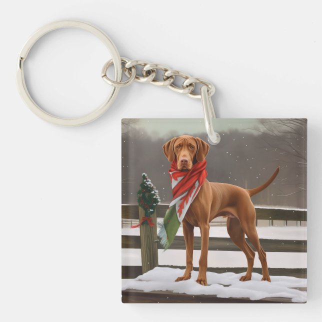 Vizsla Dog in Snow Christmas Keychain (Front)
