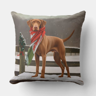 Vizsla Dog in Snow Christmas Throw Pillow