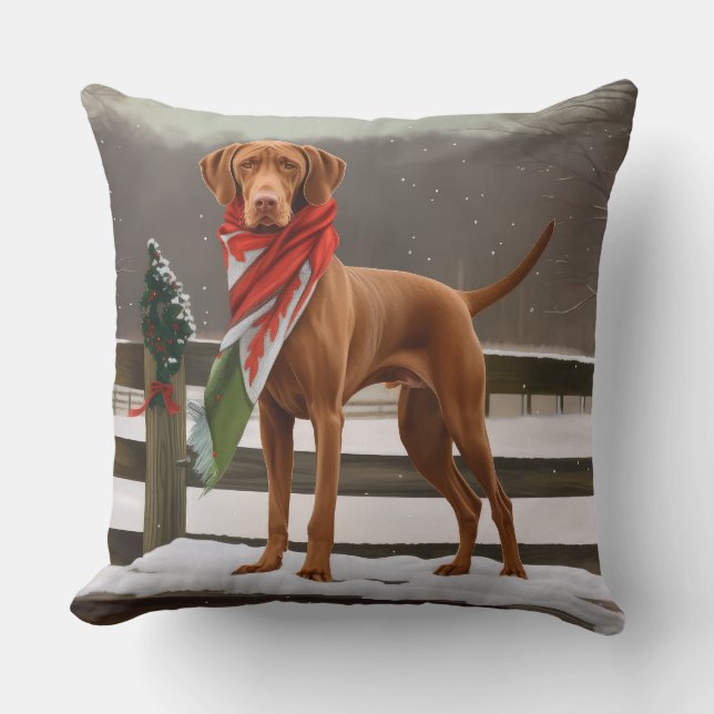 Vizsla Dog in Snow Christmas Throw Pillow (Front)