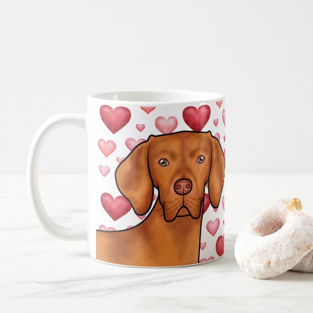 Vizsla Dog Love With Red And Pink Hearts Pattern Coffee Mug (With Donut)