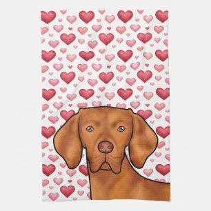 Vizsla Dog Love With Red And Pink Hearts Pattern Kitchen Towel