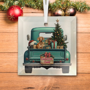 Vizsla Dog Retro Truck Christmas Glass Ornament