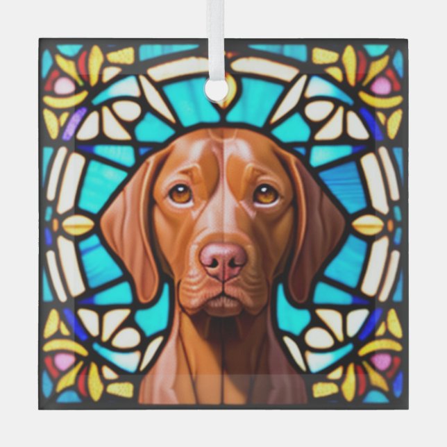 Vizsla Dog "Stained Glass"  Glass Ornament (Front)