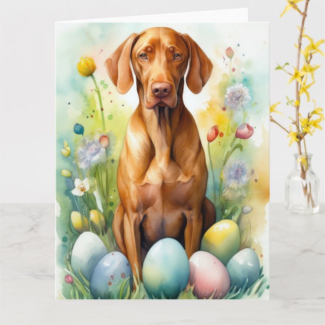 Vizsla Dog with Easter Eggs Holiday  Card (Yellow Flower)